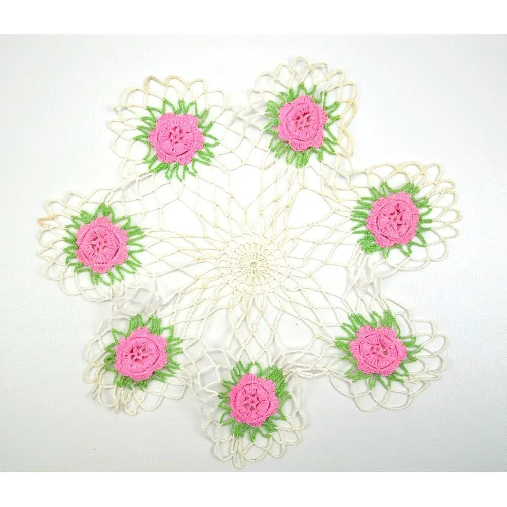Vintage Round White‎ & Pink Flower Handmade Crochet Doily 14.5
